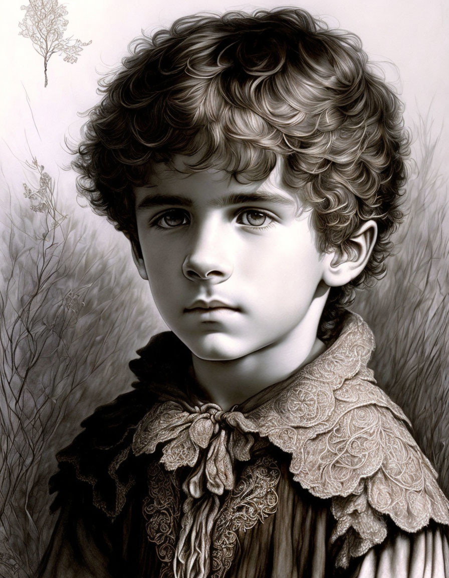 Monochrome drawing of young boy with curly hair and lace collar