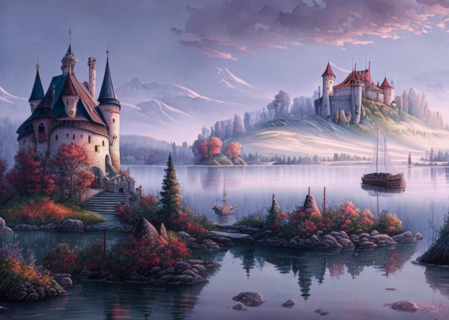 Tranquil lake scene with castle, autumn foliage, hills, clear sky, and drifting boats