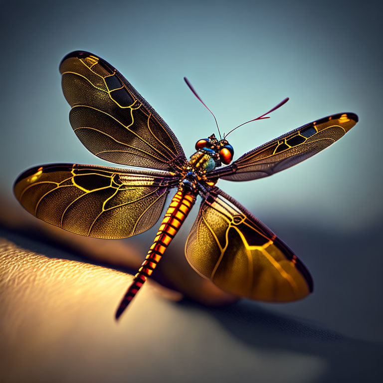 Detailed close-up of dragonfly with translucent wings and yellow-black patterns poised for takeoff.