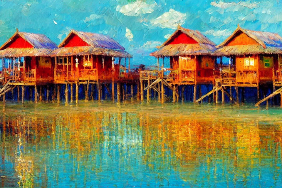 Colorful Stilt Houses Reflection in Water: Impressionist Style