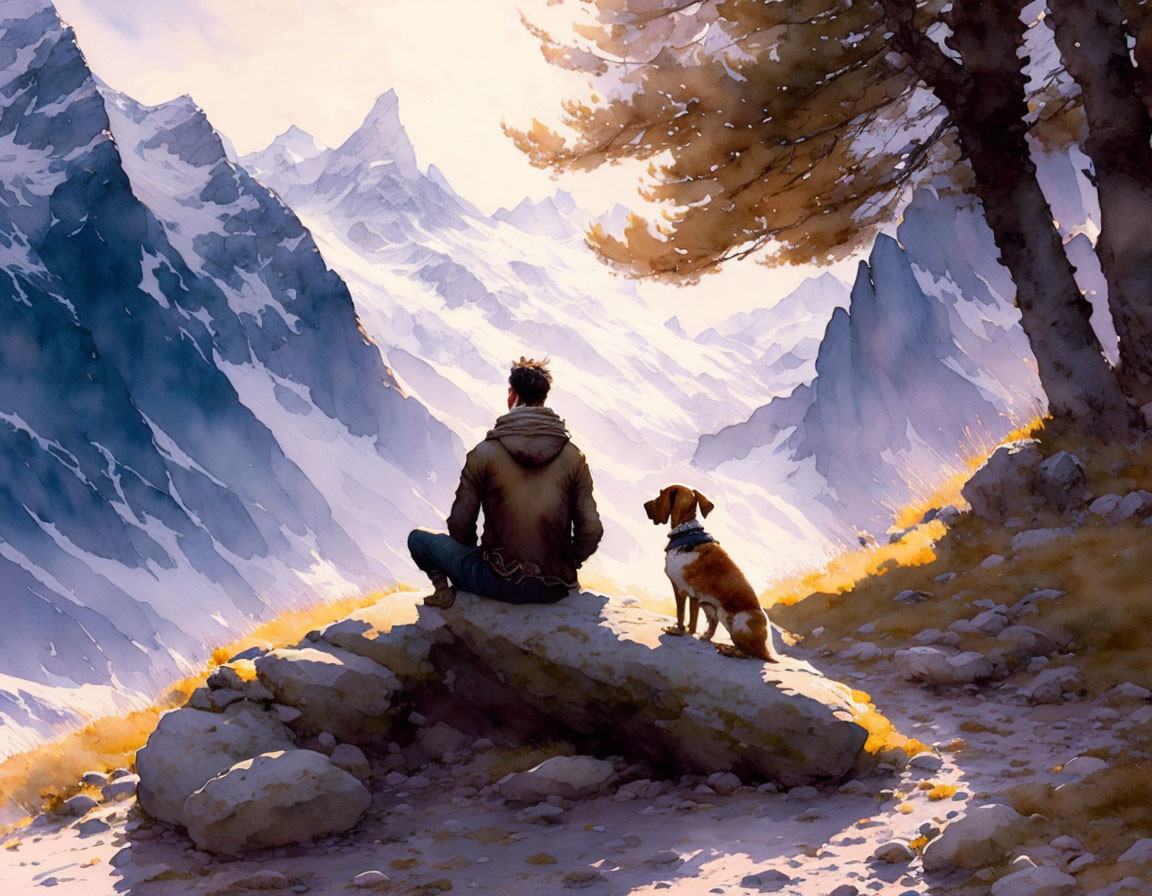 Person and dog admiring mountain range at sunset