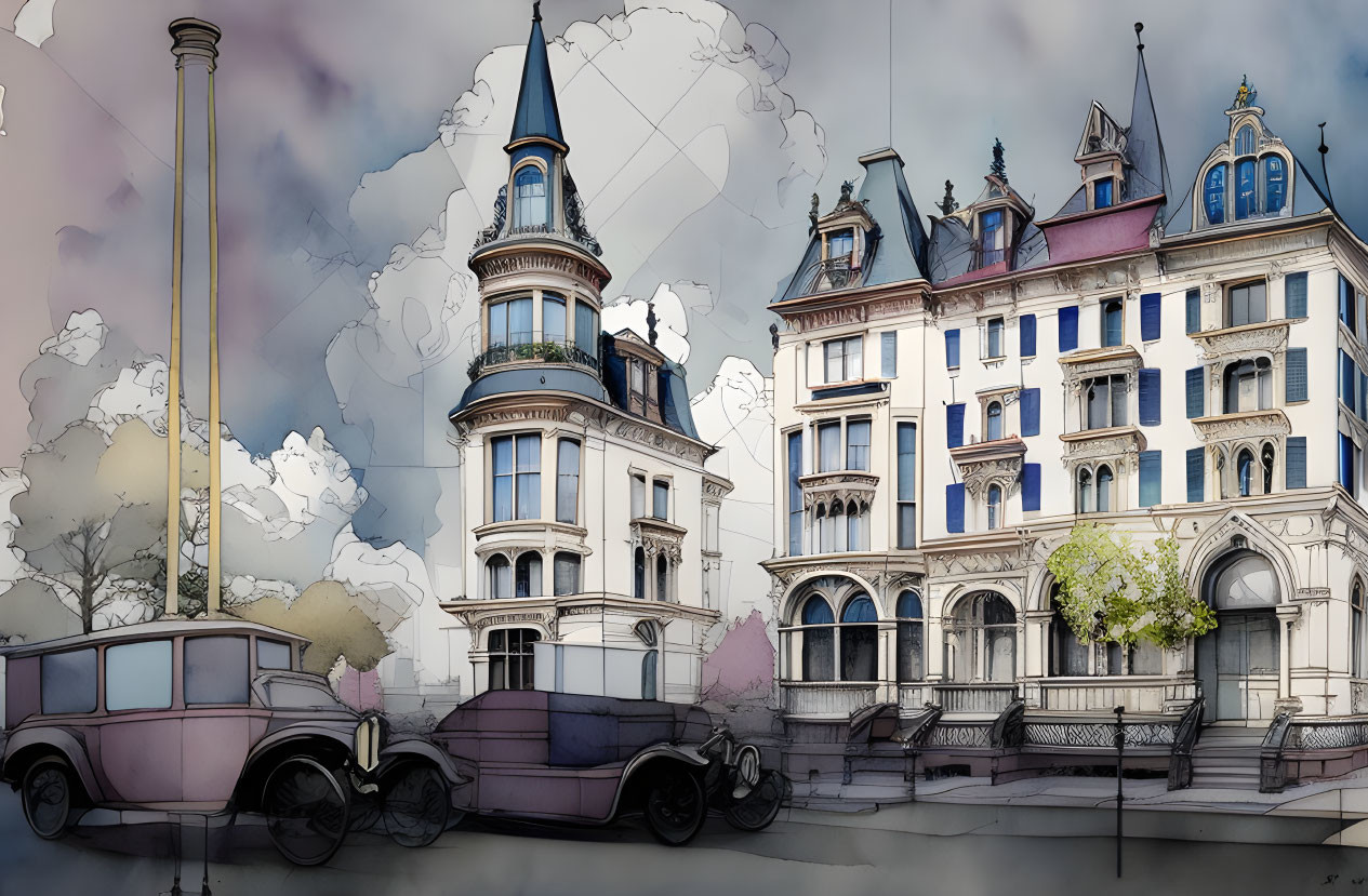 European-style buildings and vintage car illustration with pencil sketch and watercolor textures