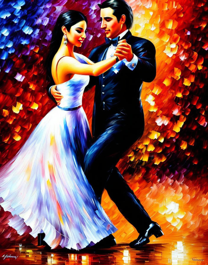 Colorful painting of man and woman dancing in black suit and white dress