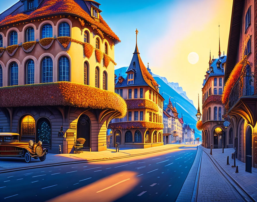 European-style street at sunrise with vintage architecture and old car in warm sunlight