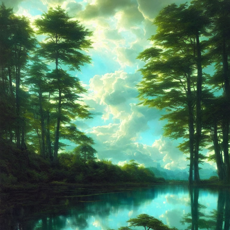 Tranquil landscape: towering trees, blue lake, billowing clouds