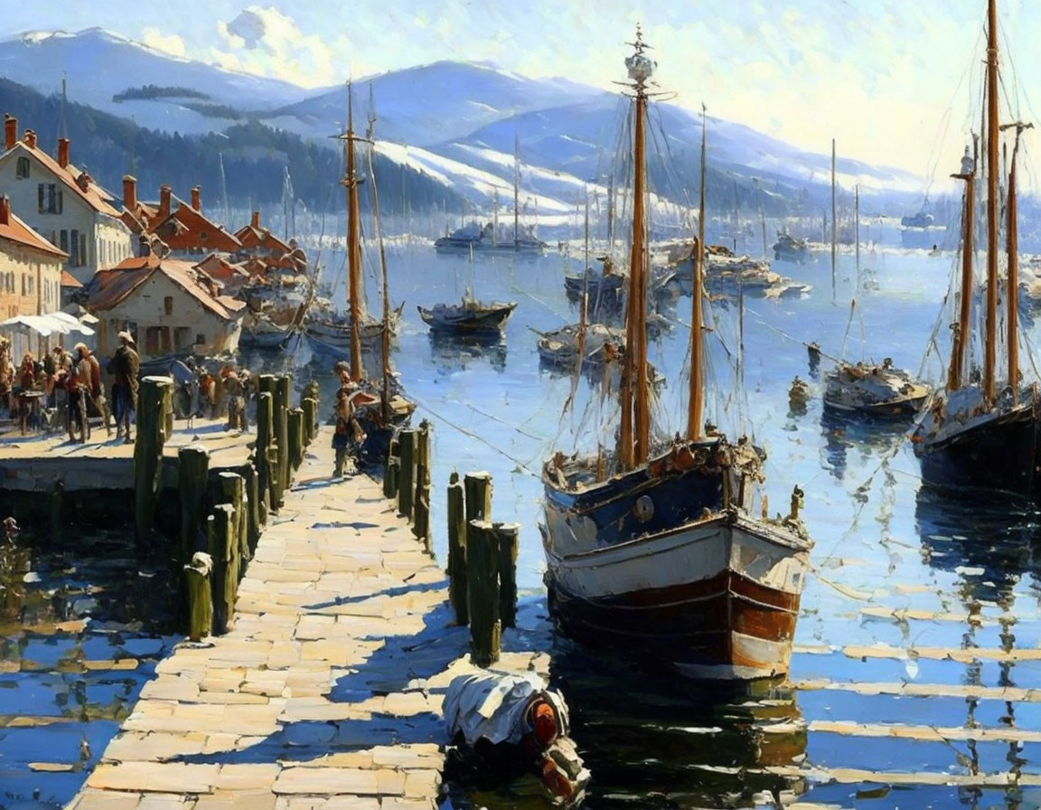 Colorful maritime harbor painting with sailboats, mountains, and sunlit pier.