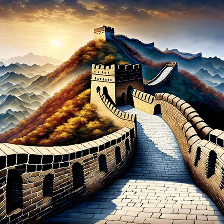 Scenic sunset view of Great Wall in autumn mountains