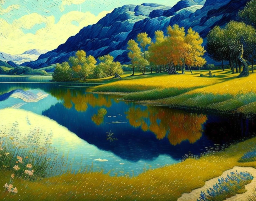 Tranquil lake with golden trees, greenery, hills, and blue mountains