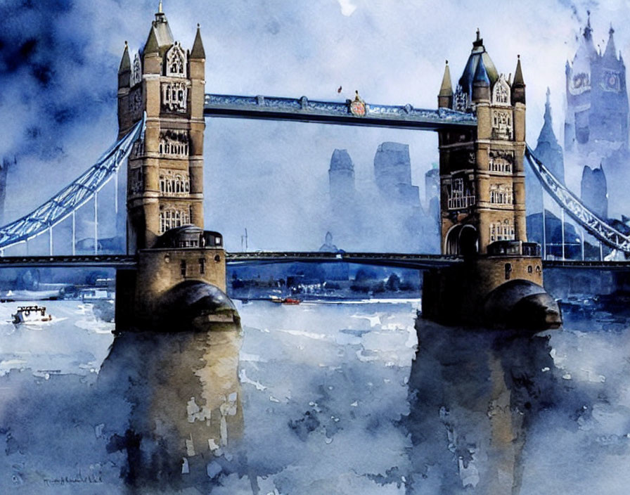 London Tower Bridge Watercolor Painting with Thames Boats & Skyline