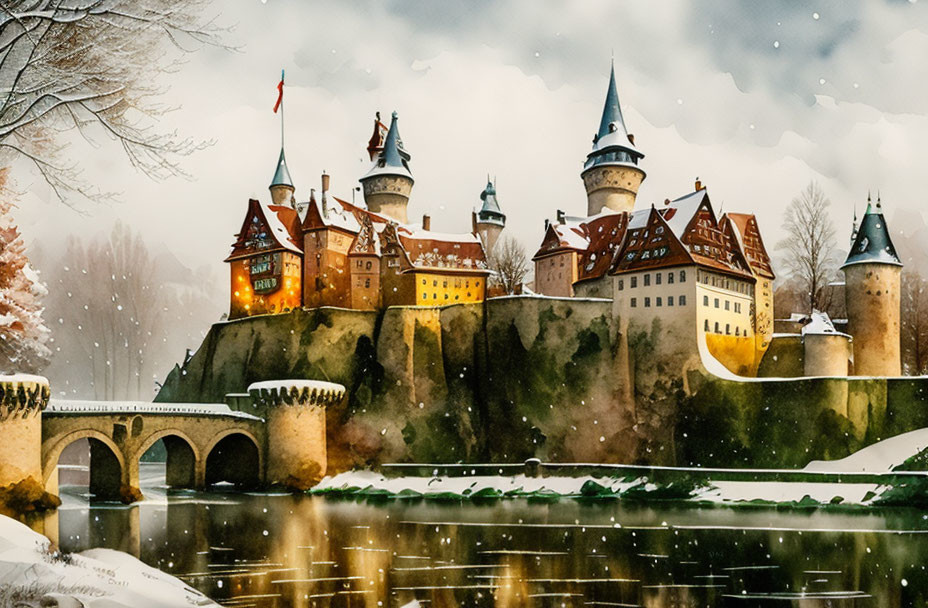 Medieval castle with towers and bridge in snowy landscape