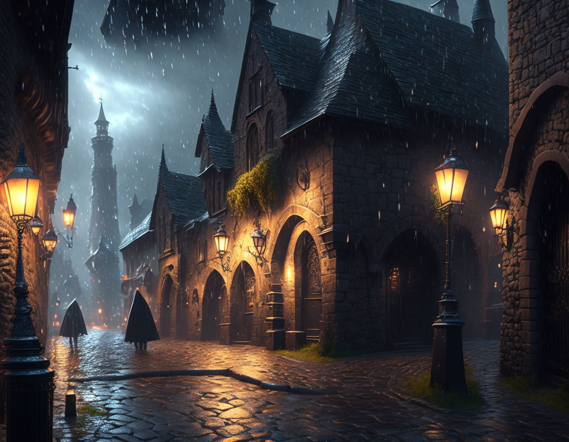 Medieval town cobblestone street at night with rain and illuminated lanterns