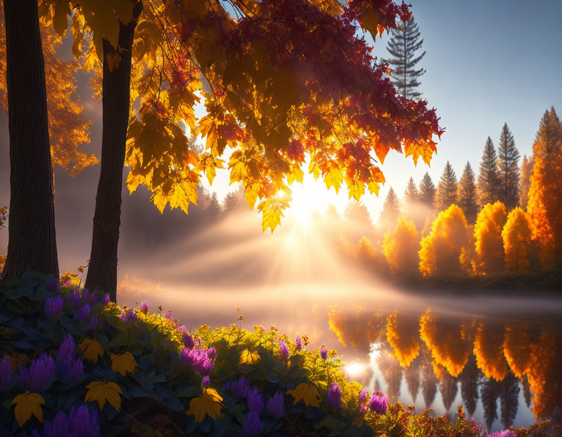 Tranquil autumn lake with colorful trees, sunbeams, and flowers