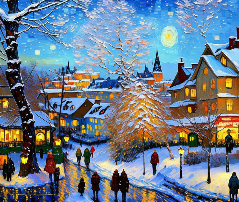 Snowy village scene at twilight with vibrant impressionist style