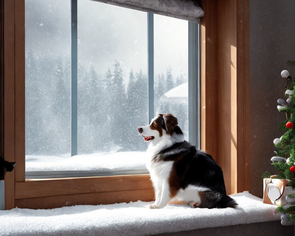 Dog on snowy windowsill gazing at winter landscape by Christmas tree