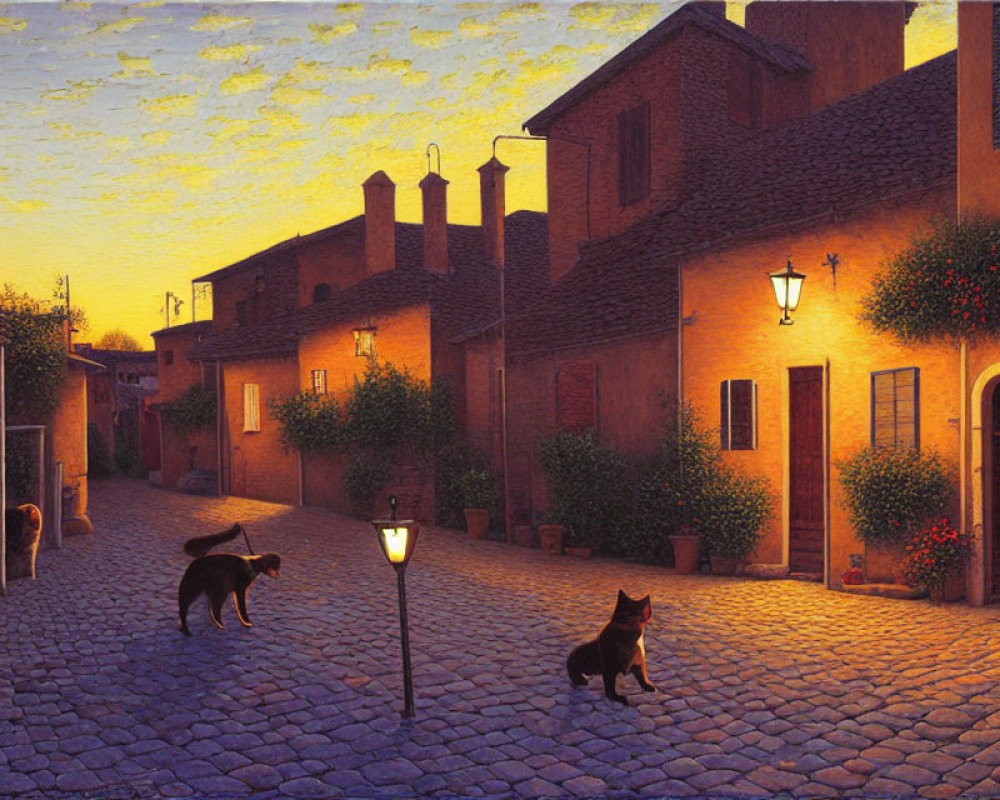 Tranquil dusk scene: cobblestone street, glowing lamps, cats crossing, rustic houses.