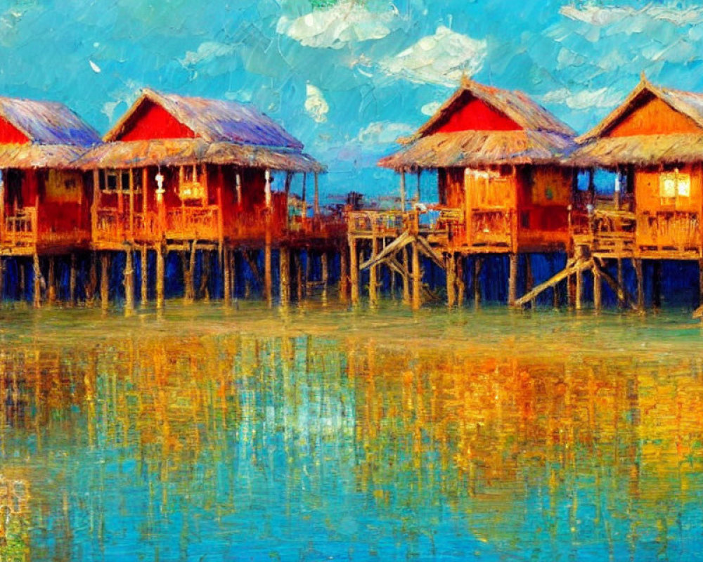 Colorful Stilt Houses Reflection in Water: Impressionist Style