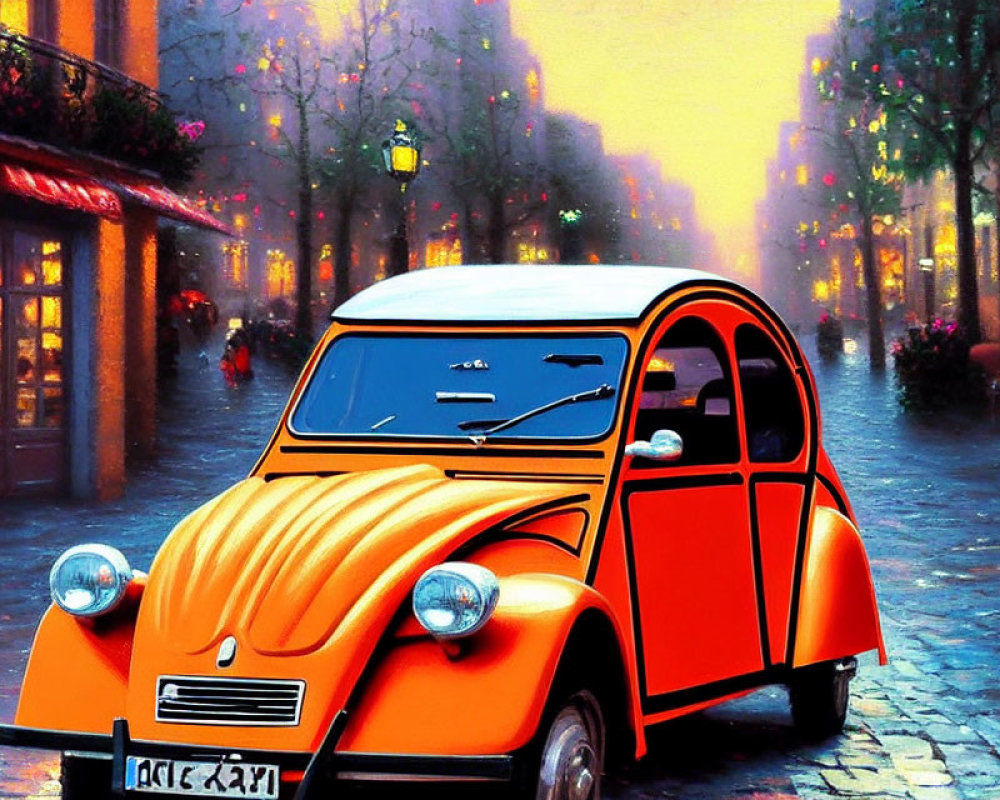 Colorful illustration: Orange car on cobblestone street with illuminated trees.