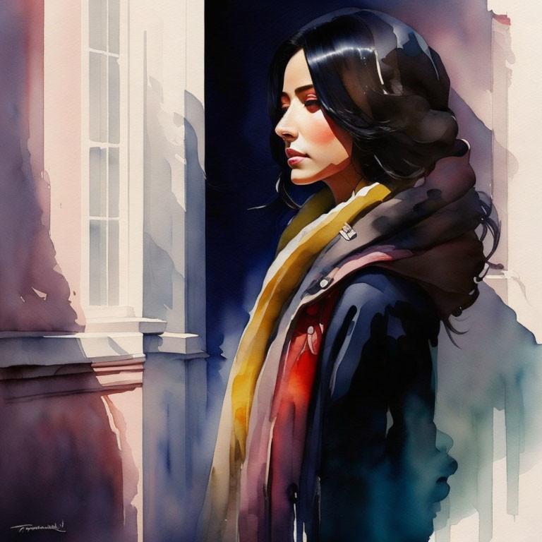 Woman in Colorful Scarf and Jacket Against Abstract Cityscape Backdrop