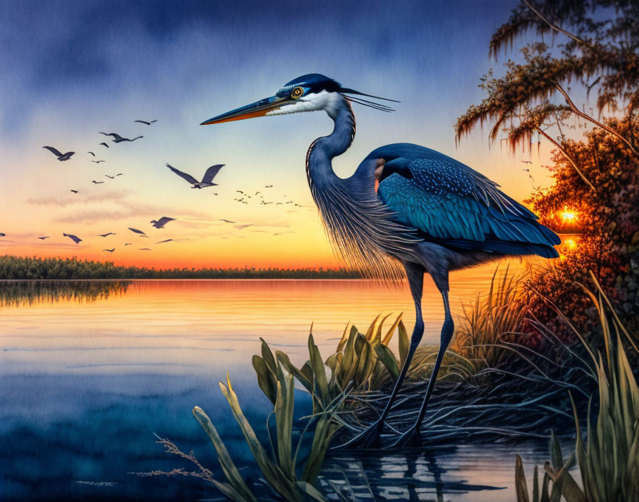 Blue heron by tranquil lake at sunset with silhouetted birds in colorful sky