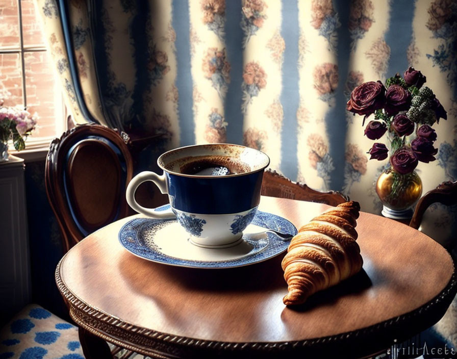 Coffee and croissant on vintage table near window with roses vase