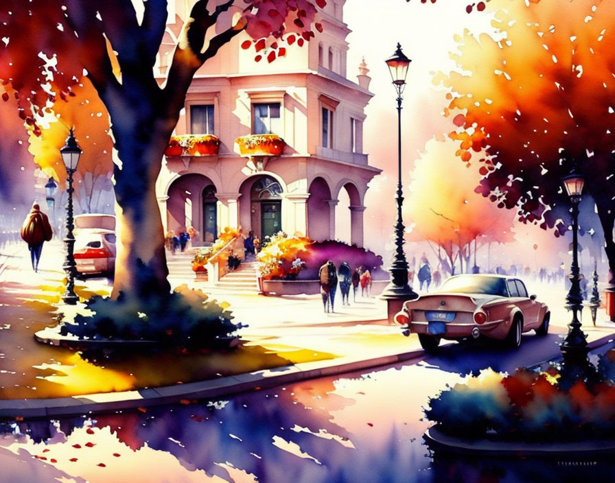 Colorful watercolor street scene with autumn trees, classic car, pedestrians, and charming building.