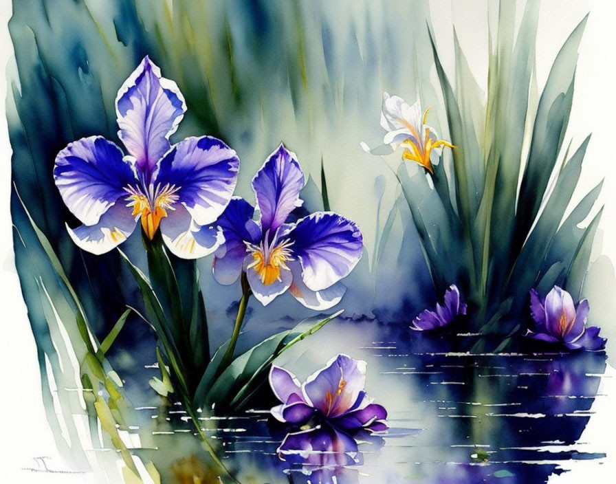 Vibrant purple and white irises in watercolor painting