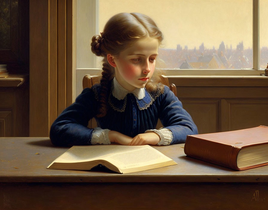 Young girl with braided hair reading book by sunlit window