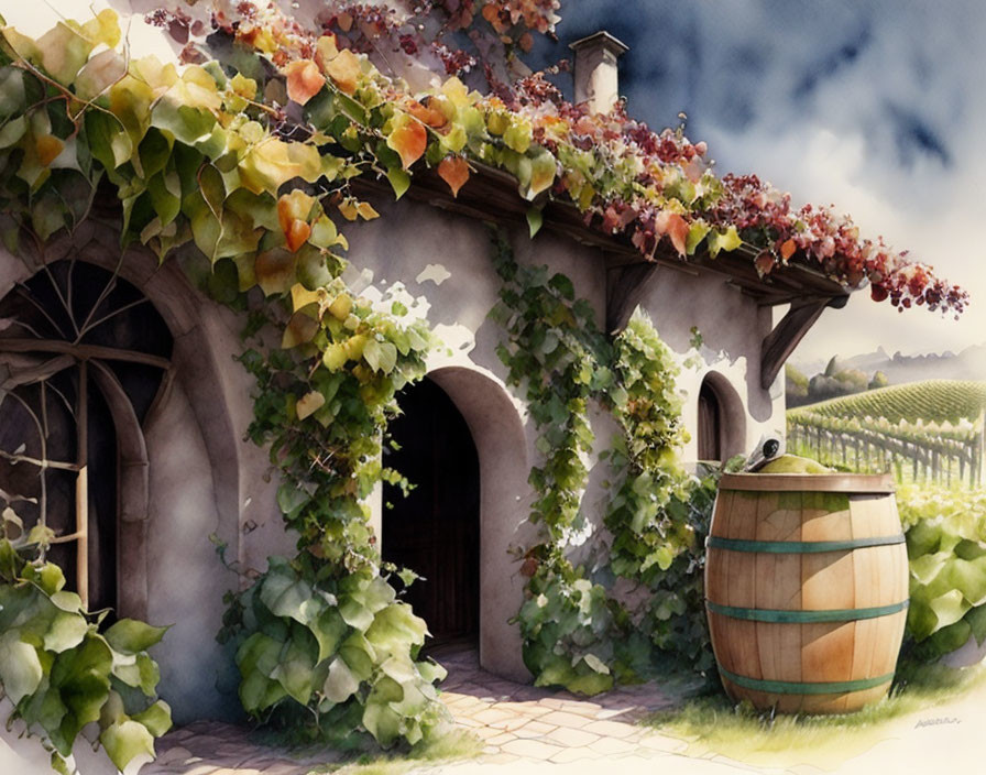 Vine-covered cottage with wooden barrel in vineyard setting