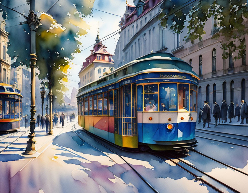 Vibrant watercolor painting of colorful vintage trams on sunlit street