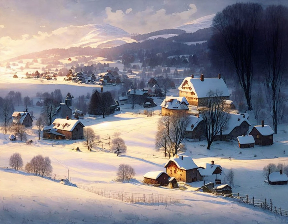 Snow-covered winter village with golden sunlight, mountains, and bare trees