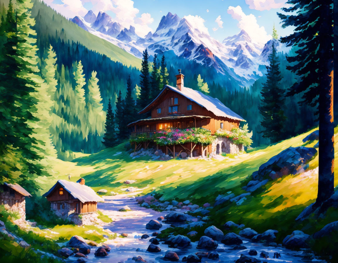 Serene Mountain Landscape with Stream and Wooden Cabin