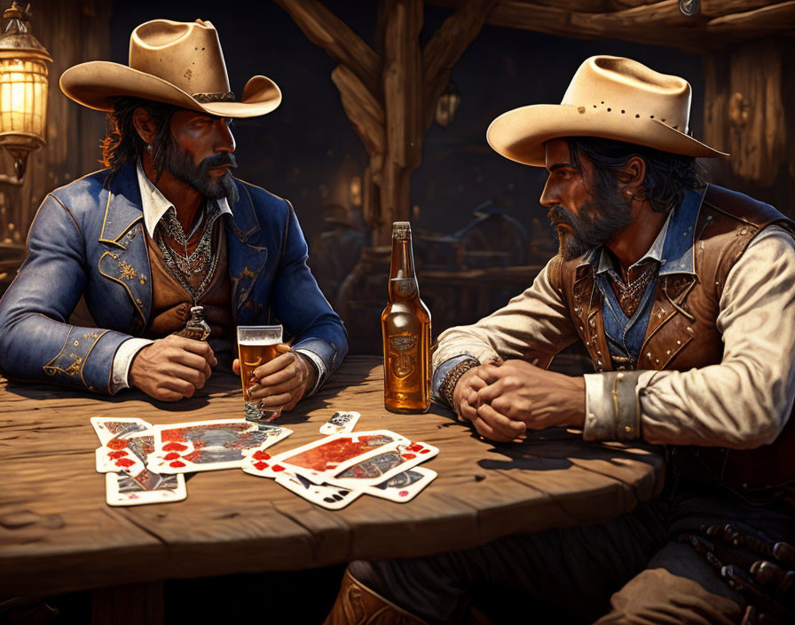 Cowboys playing cards in a saloon with bottle and glass, Western-themed setting