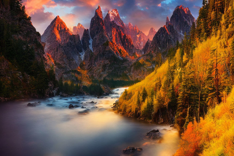 Tranquil River in Autumn Forest with Mountain Peaks at Sunset