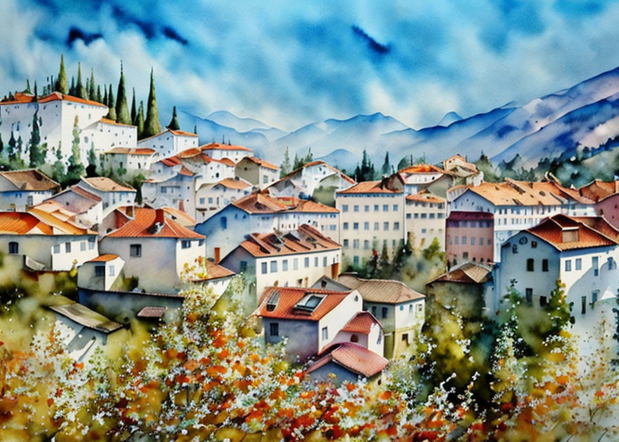 Colorful Watercolor Painting of Quaint Village with White Houses and Red Roofs