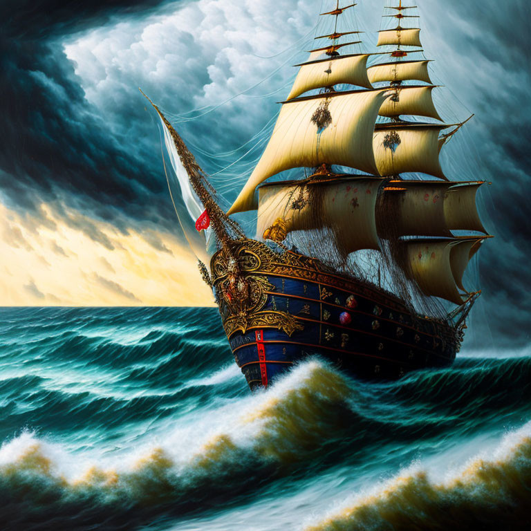 Majestic sailing ship with ornate golden trim in turbulent sea waves under stormy sky