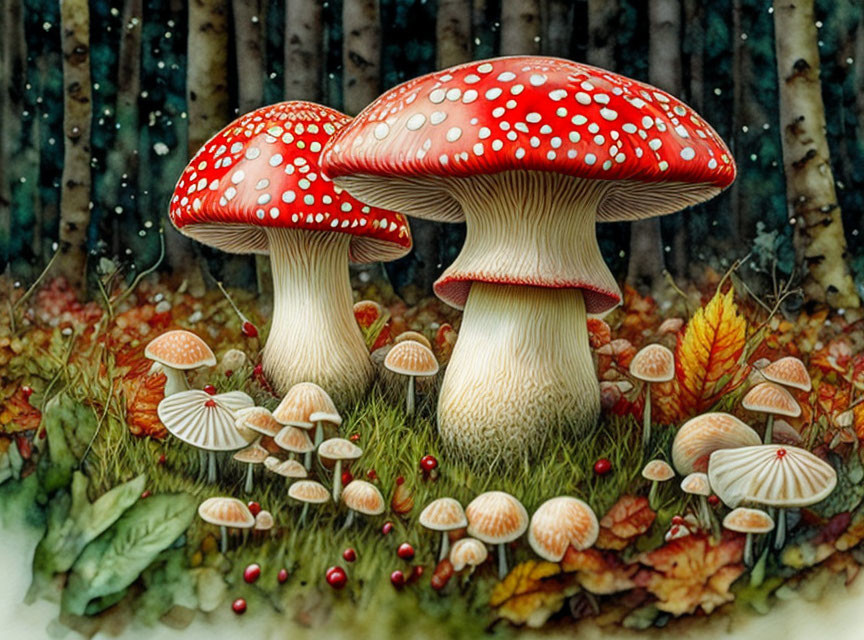 Large red-and-white spotted mushrooms in autumn forest setting