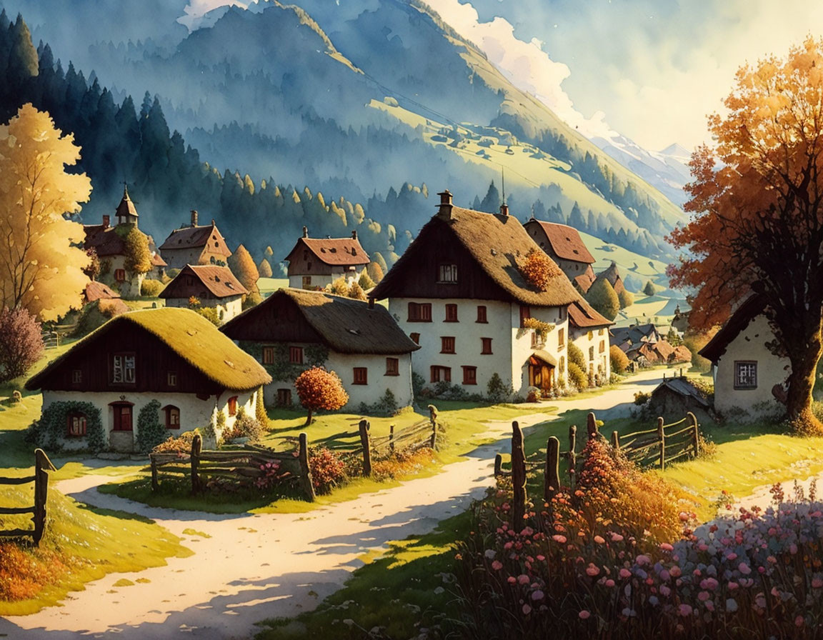 Scenic autumn village with cozy houses and mountains in warm sunlight