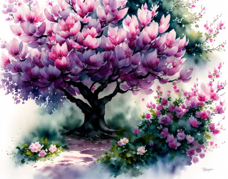 Lush Magnolia Tree Watercolor Painting with Pink Blossoms