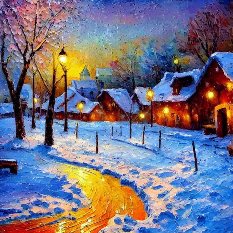 Snowy village at dusk: Vibrant oil painting of warm light on snow-covered paths