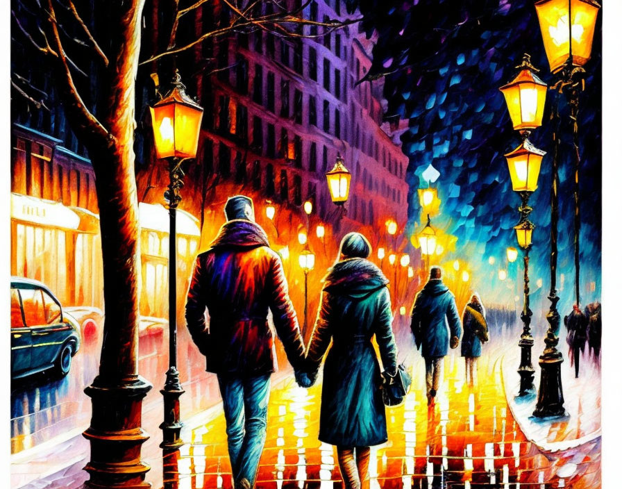 Couple holding hands walking on vibrant city street at night