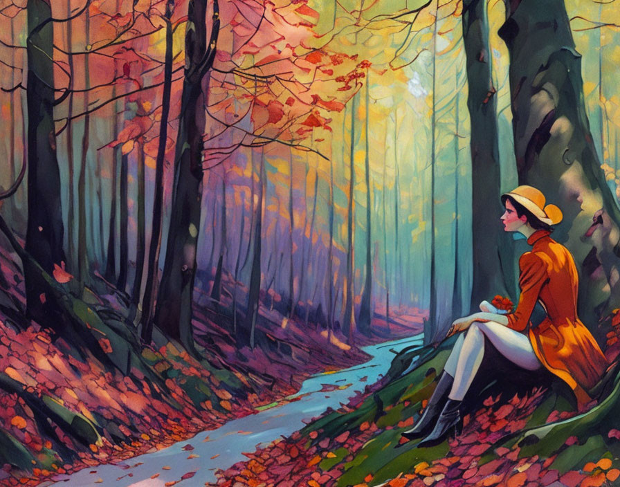 Person in Orange Coat and White Hat on Tree Stump in Vibrant Autumn Forest