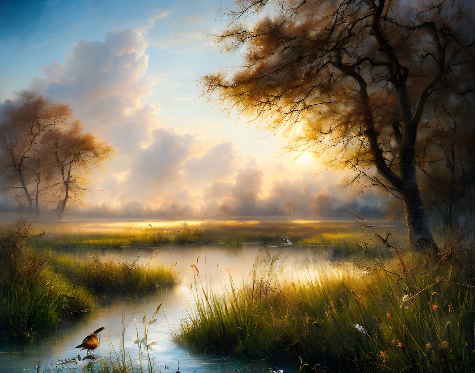 Tranquil Wetland Sunrise with Ducks and Golden Light