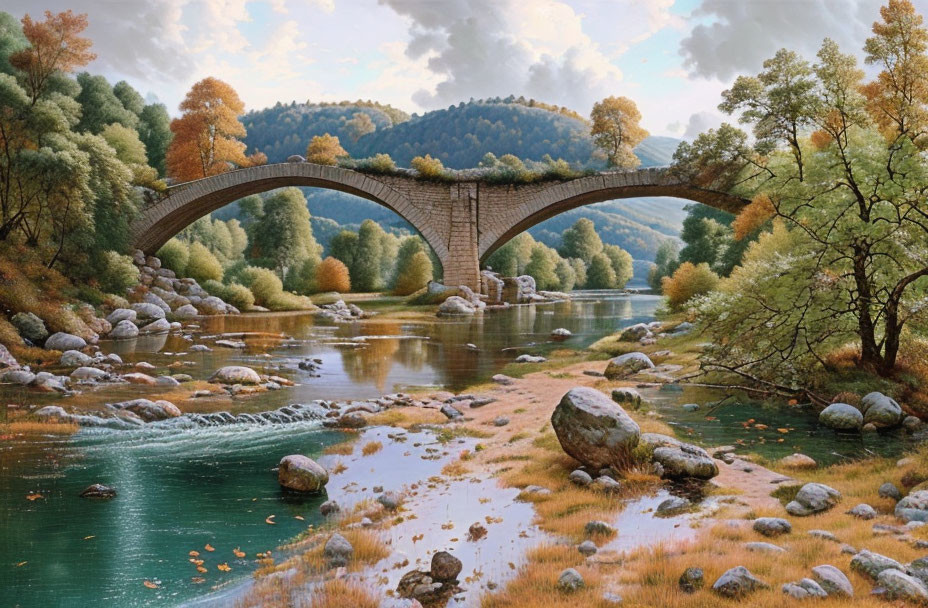 Tranquil river scene with old stone bridge amid autumn trees