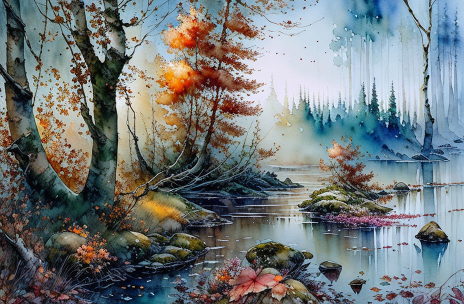 Tranquil watercolor landscape of autumn forest and still water