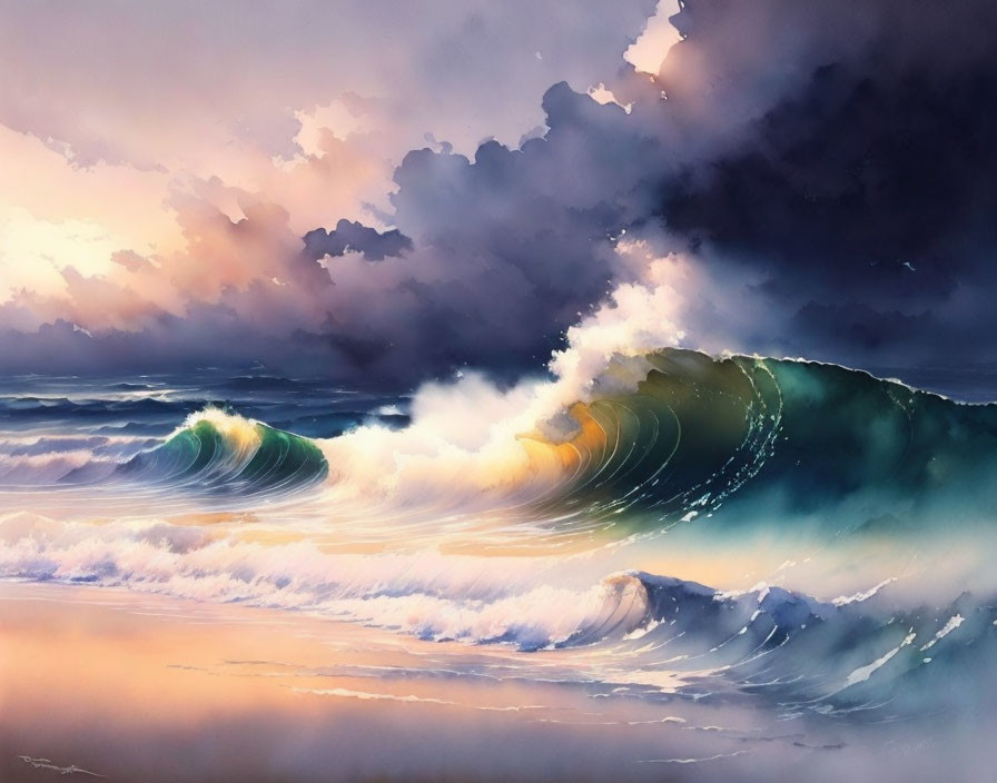 Vibrant artwork of tumultuous sea with large wave and dramatic sunset sky