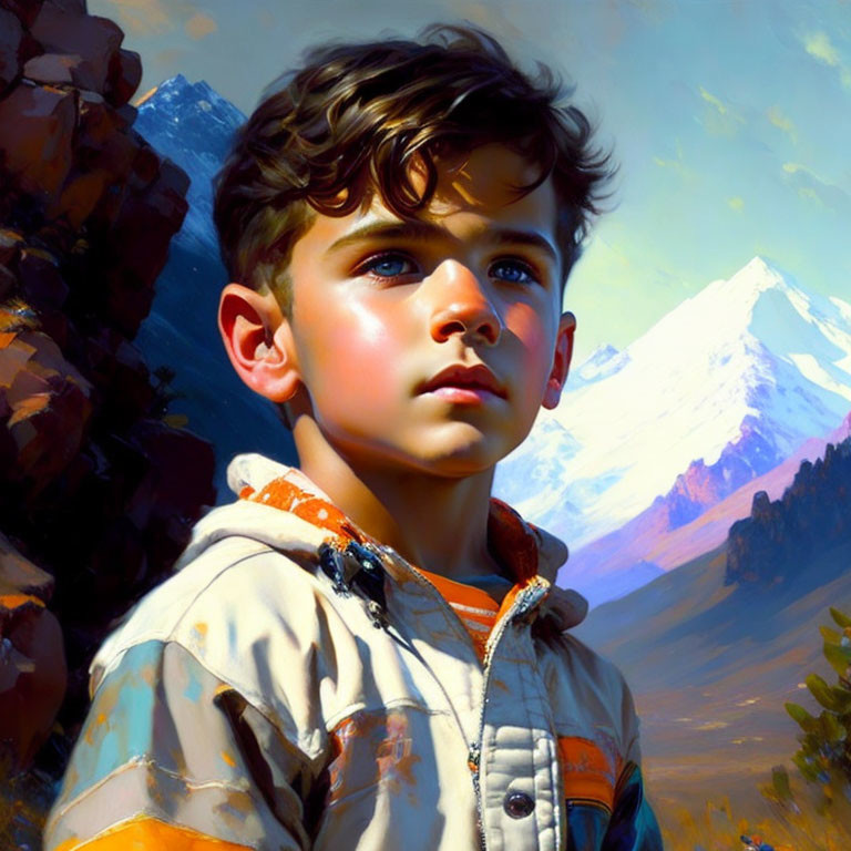 Young boy with curly hair and blue eyes in colorful jacket against mountain backdrop