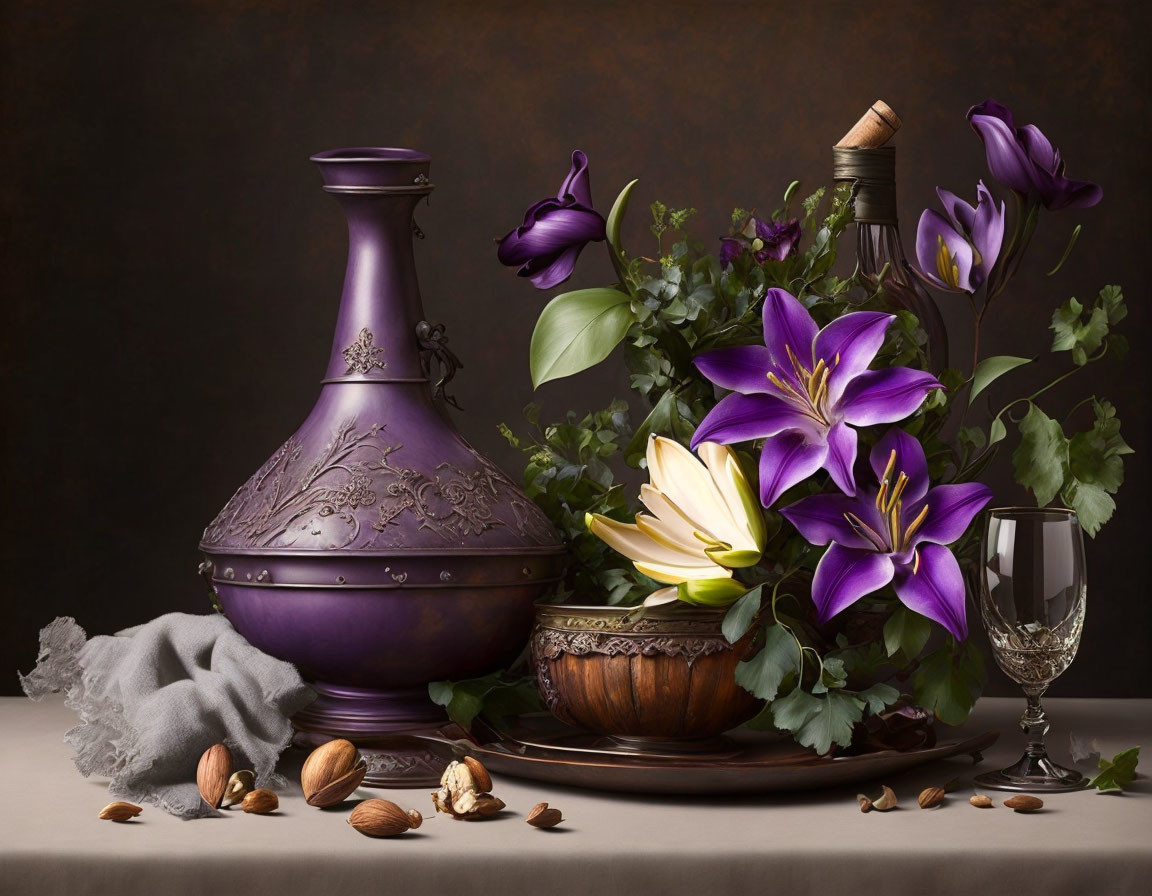 Purple ornate jug, lilies, foliage, nuts, wooden bowl, wine glass in still life