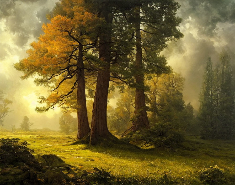 Tranquil forest landscape with mist and golden leaves