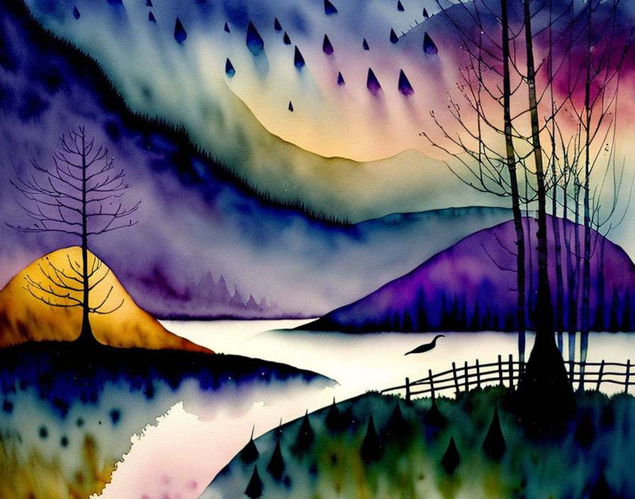 Vibrant watercolor landscape with silhouetted trees and rolling hills