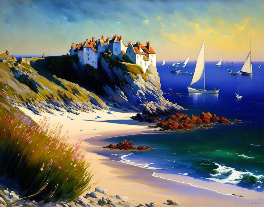 Coastal Scene Painting with White Buildings, Beach, Sailboats